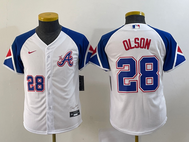 Youth Atlanta Braves #28 Matt Olson White 2023 City Connect With Patch Stitched Baseball Jersey Youth Atlanta Braves #28 Matt Olson White 2023 City Connect With Patch Stitched Baseball Jersey